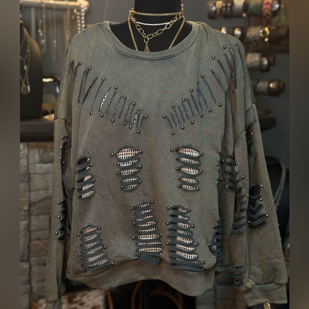 POL Distressed Studded Gray/Green Sweatshirt